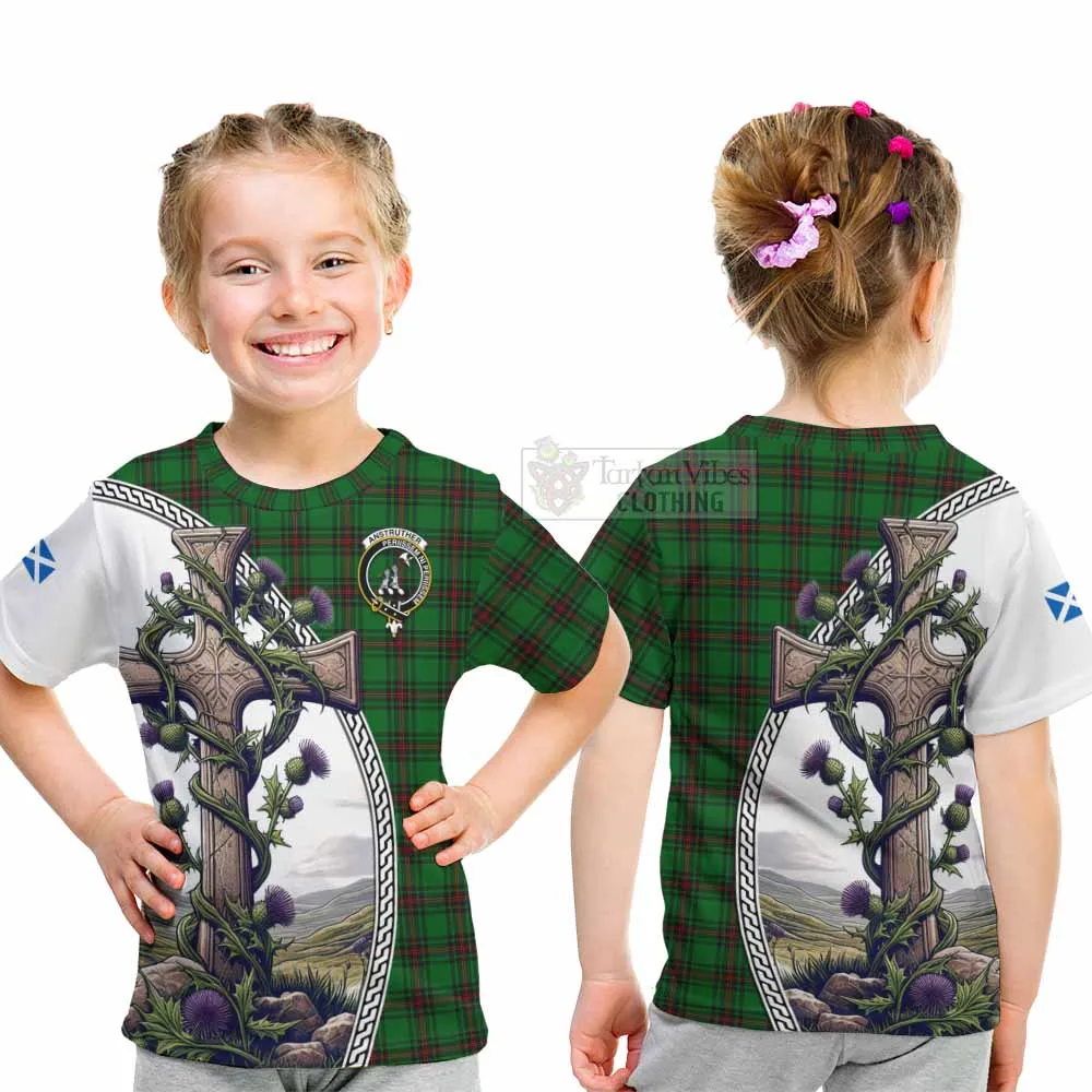 Anstruther Tartan Kid T-Shirt with Family Crest and St. Andrew's Cross Accented by Thistle Vines