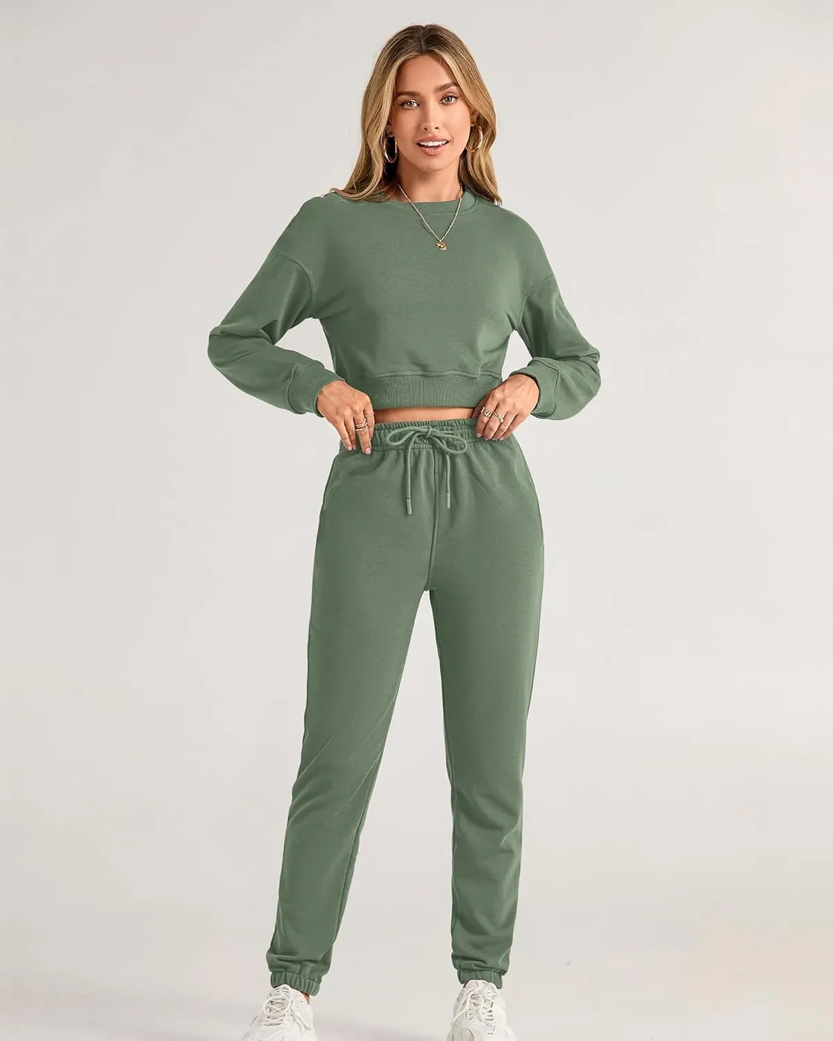 BTFBM Women 2 Piece Outfits Long Sleeve Crop Top Pullover Drawstring Pant Jogger Set Casual Sweatsuits Tracksuit Pockets