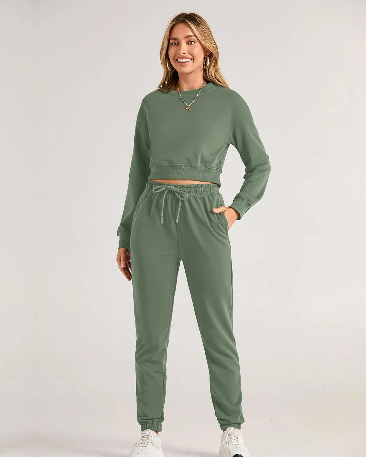 BTFBM Women 2 Piece Outfits Long Sleeve Crop Top Pullover Drawstring Pant Jogger Set Casual Sweatsuits Tracksuit Pockets