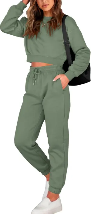 BTFBM Women 2 Piece Outfits Long Sleeve Crop Top Pullover Drawstring Pant Jogger Set Casual Sweatsuits Tracksuit Pockets