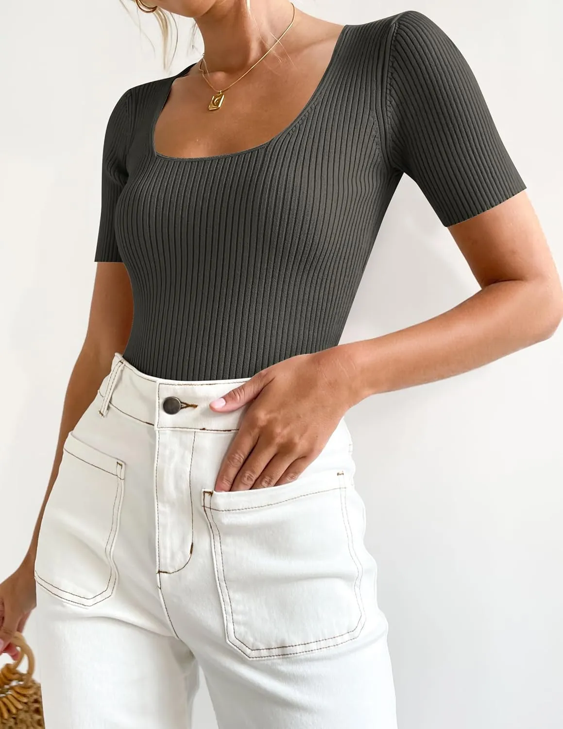 Carpetcom Women's 2024 Short Sleeve Square Neck Ribbed Knit T-Shirts  Stylish Slim Fit Casual Basic Tee Tops for Summer