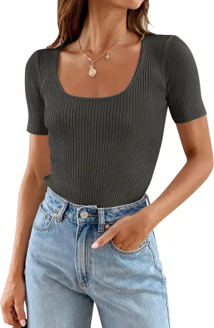 Carpetcom Women's 2024 Short Sleeve Square Neck Ribbed Knit T-Shirts  Stylish Slim Fit Casual Basic Tee Tops for Summer