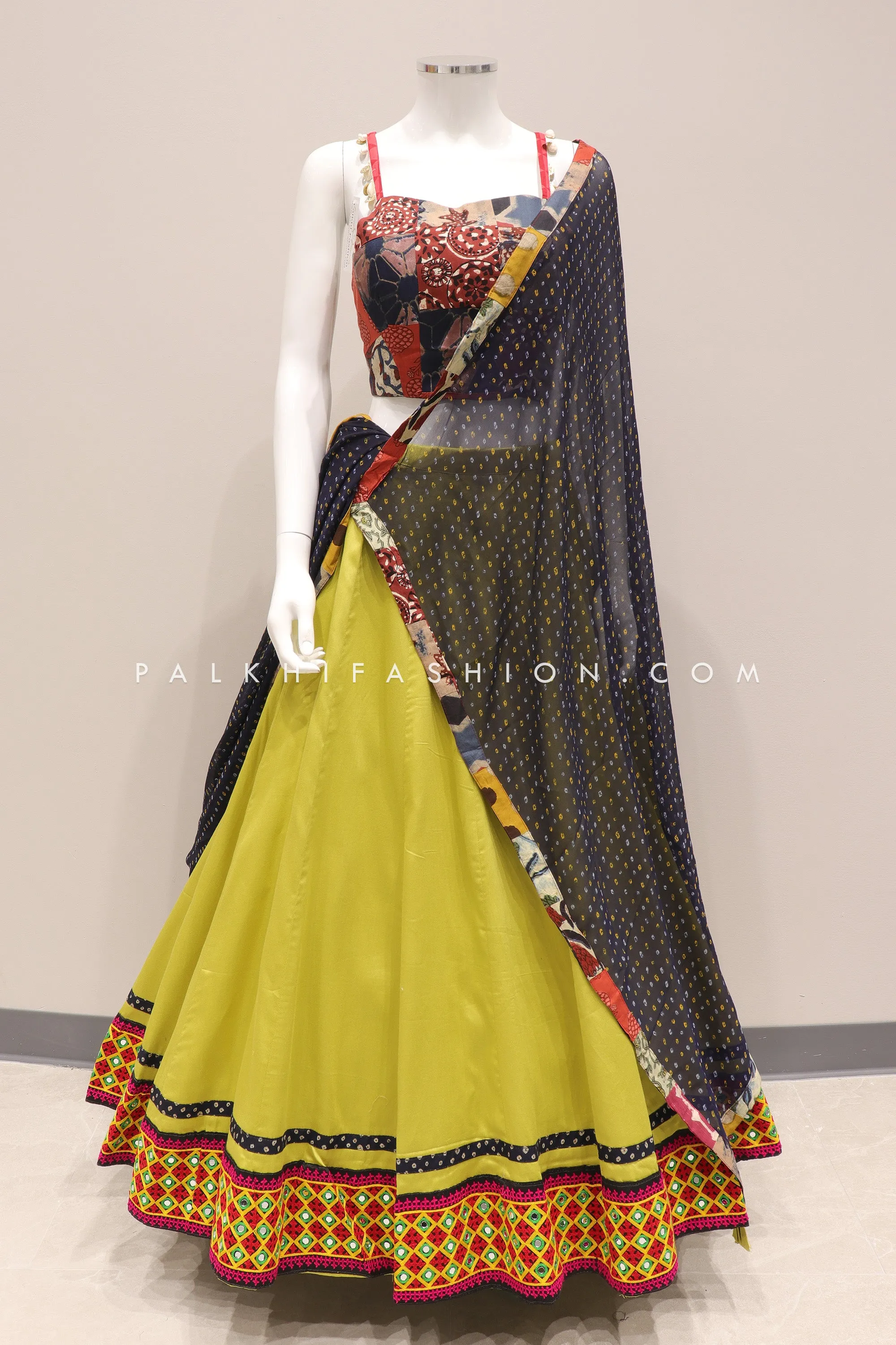Cyan Green Cotton Navratri Chaniya Choli with Vibrant Embellishments