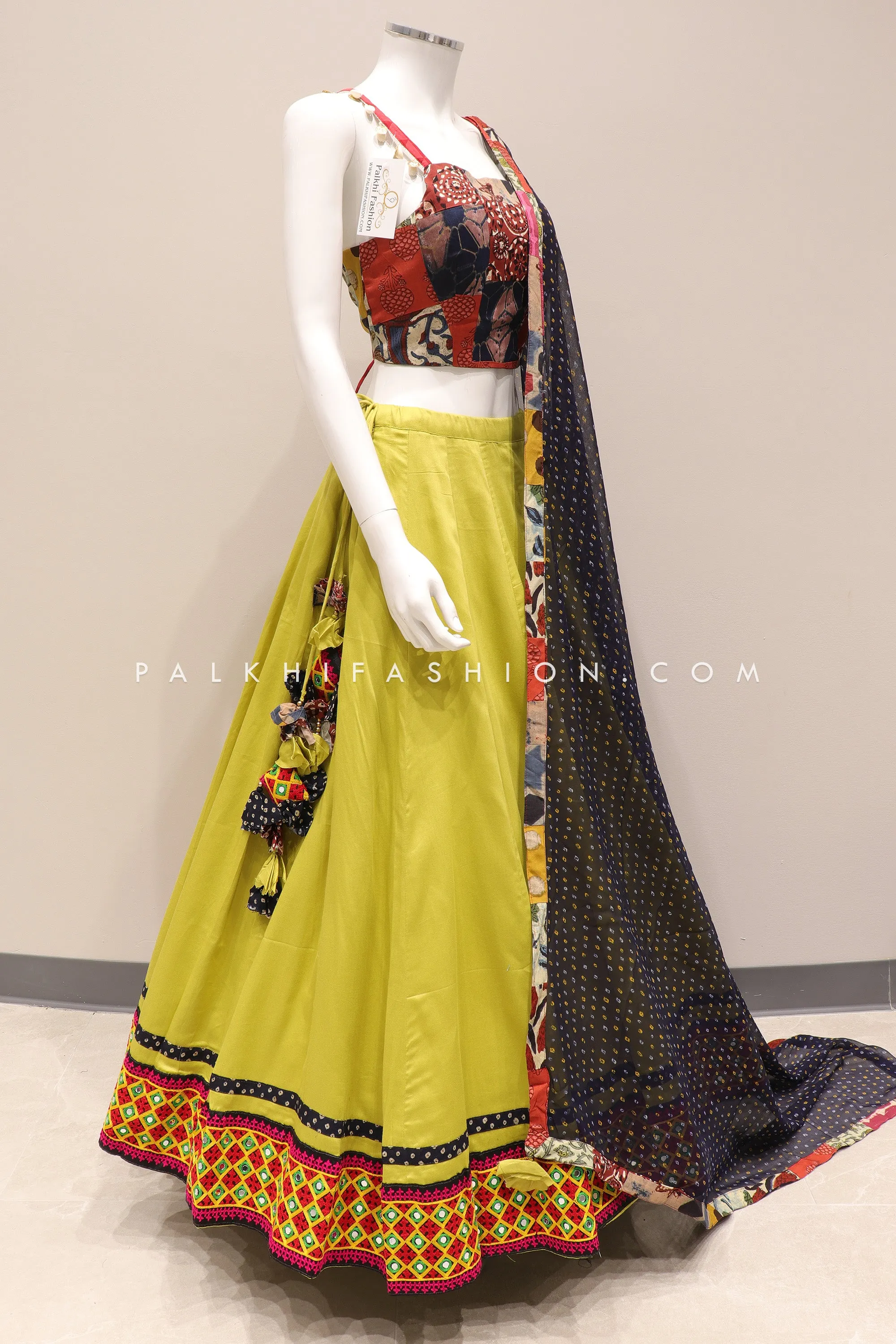 Cyan Green Cotton Navratri Chaniya Choli with Vibrant Embellishments