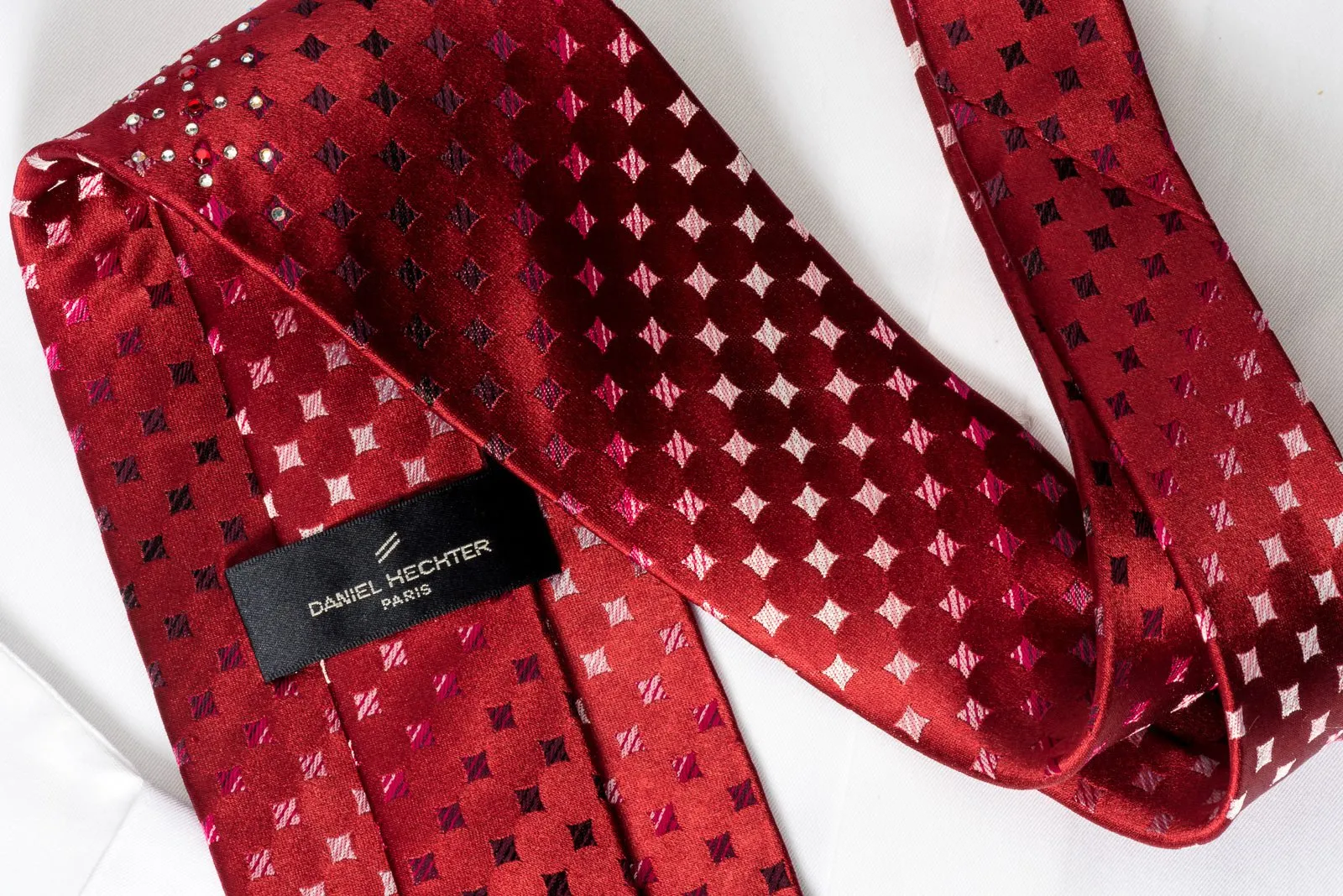 Daniel Hechter Silk Tie Checker On Burgundy With Rhinestones