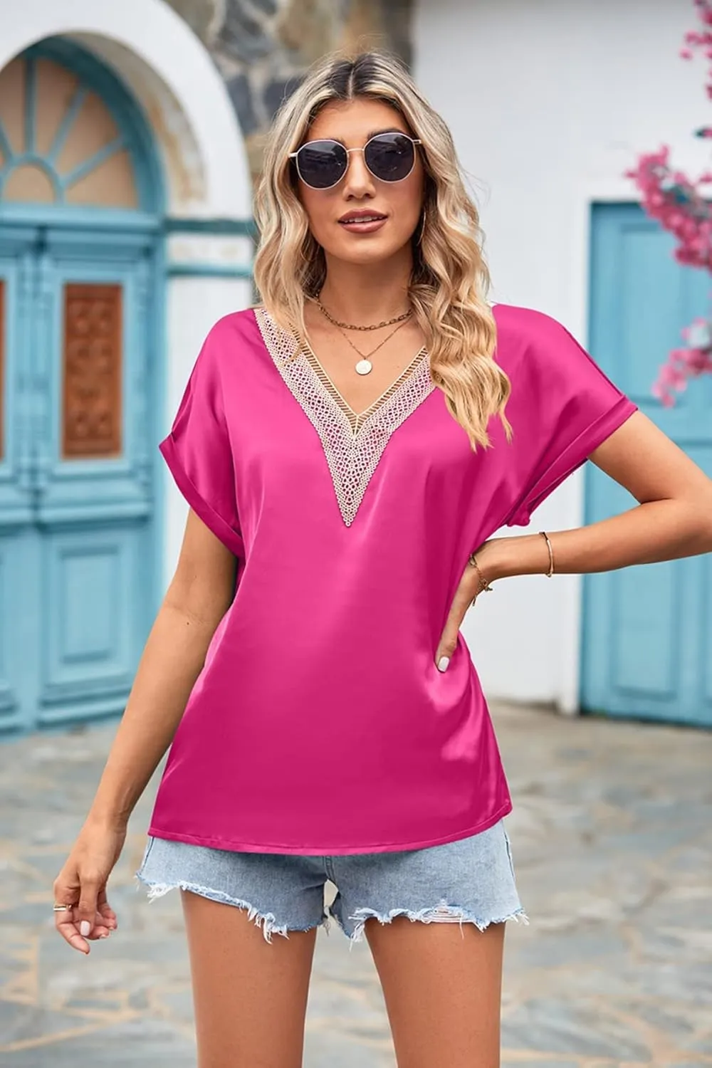 GZ-LAOPAITOU Satin Tops for Womens Silk Blouse V Neck Short Sleeve Blouses Satin Silk Shirts Dressy Casual