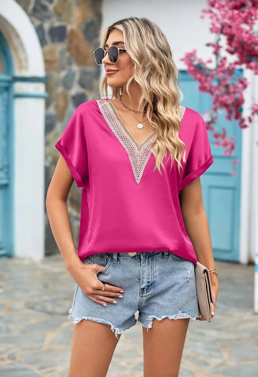 GZ-LAOPAITOU Satin Tops for Womens Silk Blouse V Neck Short Sleeve Blouses Satin Silk Shirts Dressy Casual