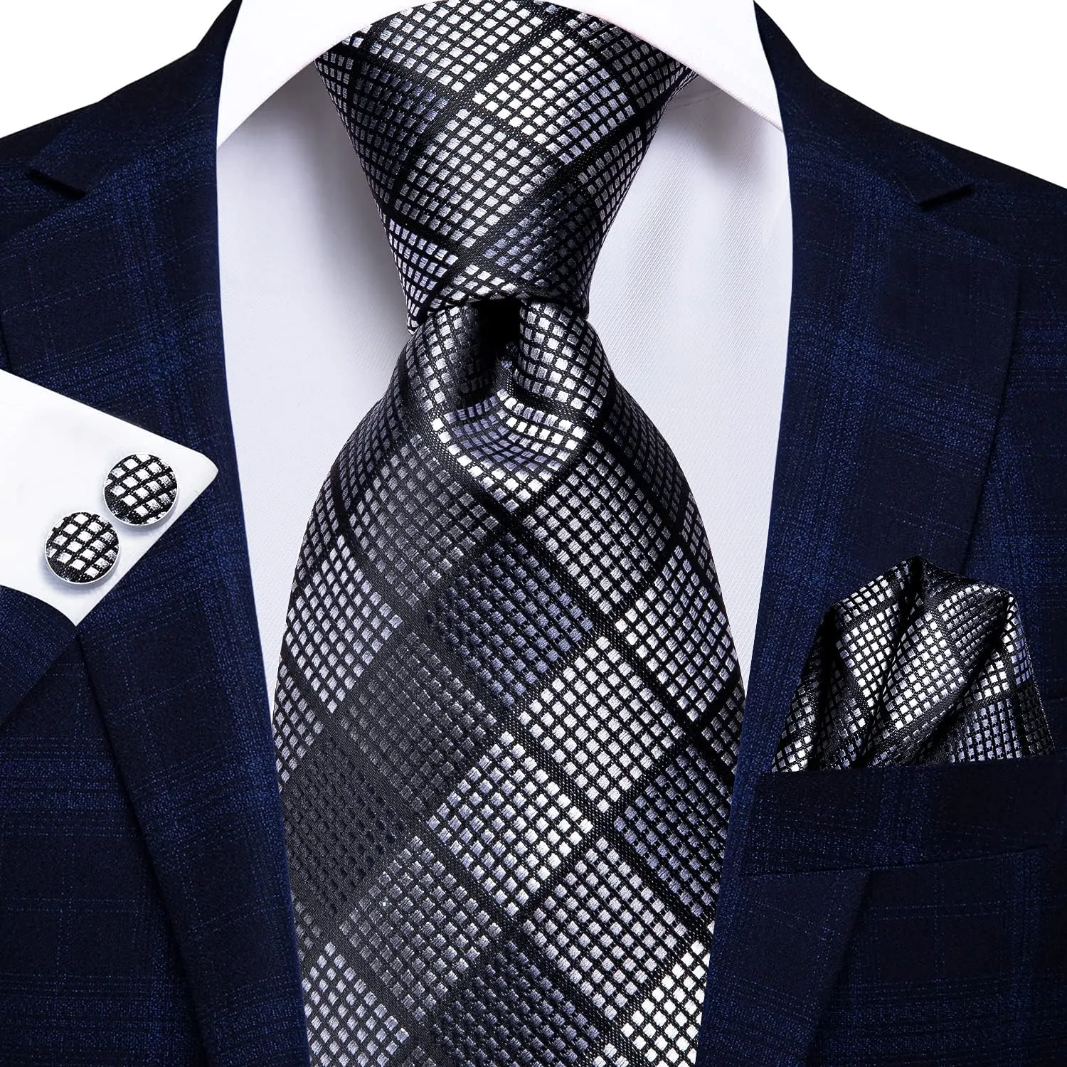 Hi-Tie 3 Pcs Gift Box Mens Tie Set Necktie with Pocket Square Cufflinks Lapel Pin Silk Neck Tie Collection