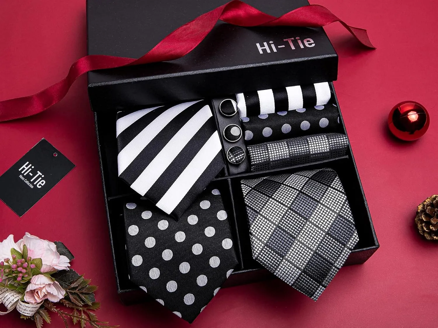 Hi-Tie 3 Pcs Gift Box Mens Tie Set Necktie with Pocket Square Cufflinks Lapel Pin Silk Neck Tie Collection