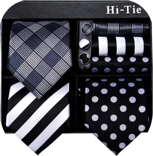 Hi-Tie 3 Pcs Gift Box Mens Tie Set Necktie with Pocket Square Cufflinks Lapel Pin Silk Neck Tie Collection