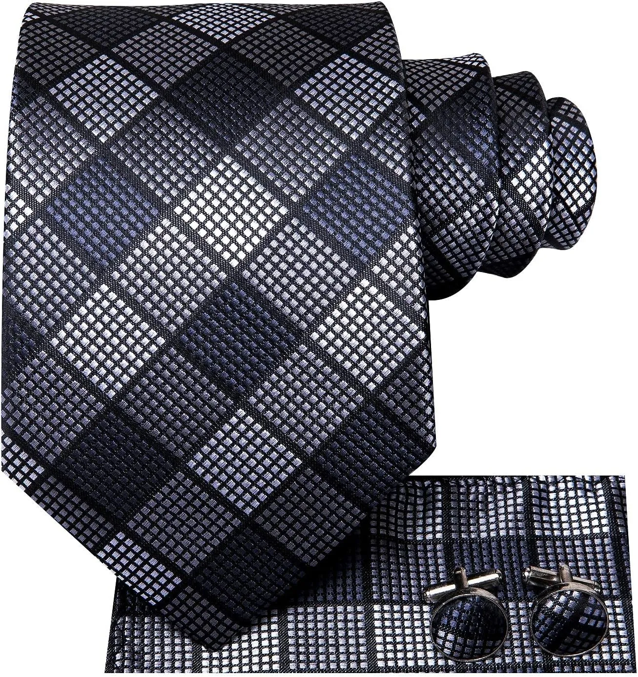 Hi-Tie 3 Pcs Gift Box Mens Tie Set Necktie with Pocket Square Cufflinks Lapel Pin Silk Neck Tie Collection