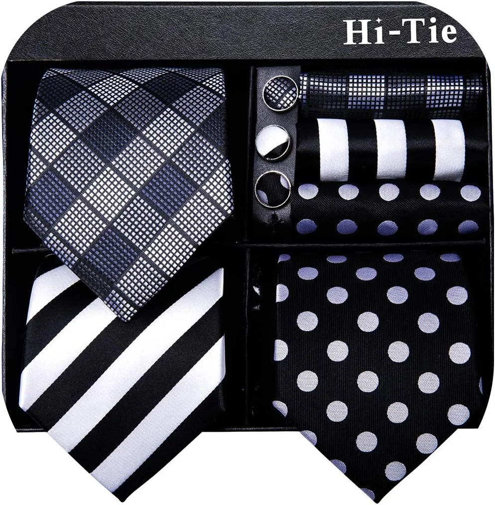 Hi-Tie 3 Pcs Gift Box Mens Tie Set Necktie with Pocket Square Cufflinks Lapel Pin Silk Neck Tie Collection