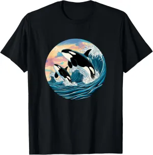 Kids Unisex T-Shirt Black Small Modern Cartoon Orca Jumping Waves Ocean Sunset Marine Life Enthusiast T-Shirt