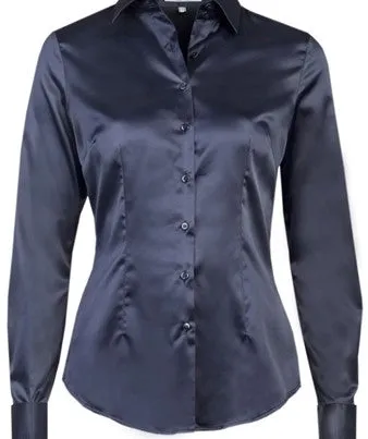 Luxury Navy Satin Shirt, Double Cuff