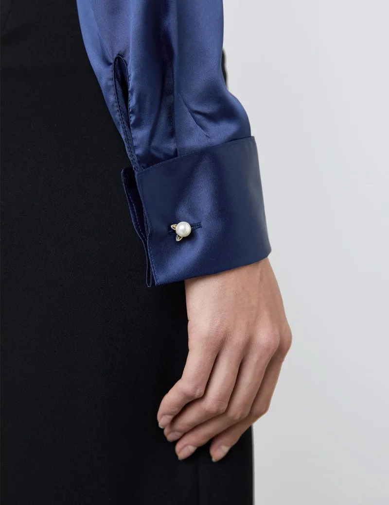 Luxury Navy Satin Shirt, Double Cuff
