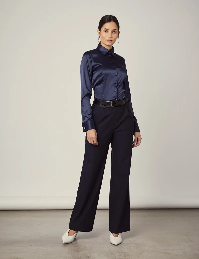 Luxury Navy Satin Shirt, Double Cuff