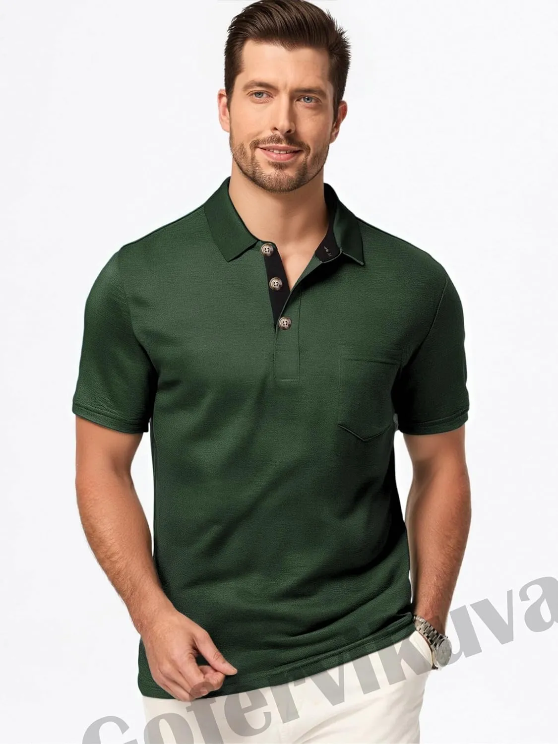 Mens Fashion Polo Shirts Short Sleeve Shirt Classic Button Cotton Stylish Golf Polo Shirts with Pocket for Men