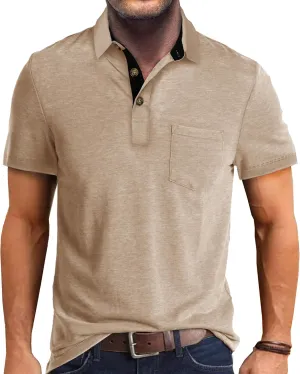 Mens Fashion Polo Shirts Short Sleeve Shirt Classic Button Cotton Stylish Golf Polo Shirts with Pocket for Men