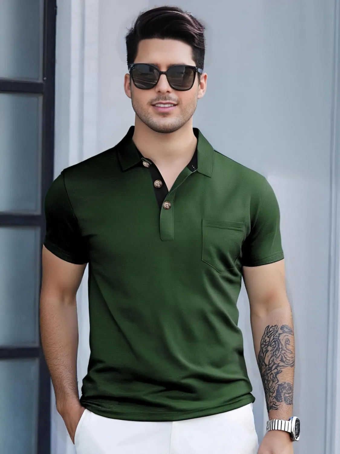Mens Fashion Polo Shirts Short Sleeve Shirt Classic Button Cotton Stylish Golf Polo Shirts with Pocket for Men