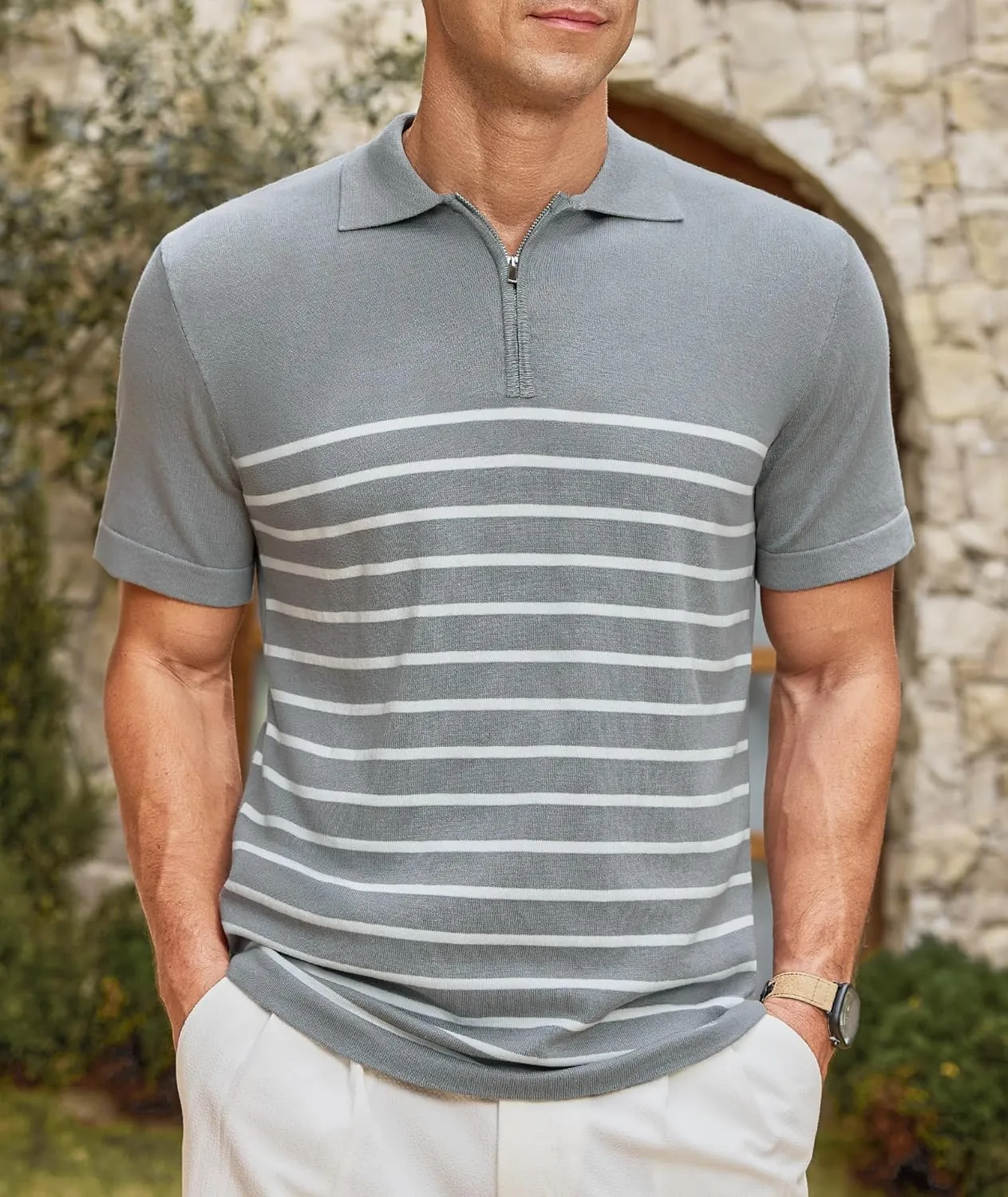 Men's Knit Polo Shirts Short Sleeve Striped Lightweight Classic Fit Zipper Casual Golf Collared T Shirt