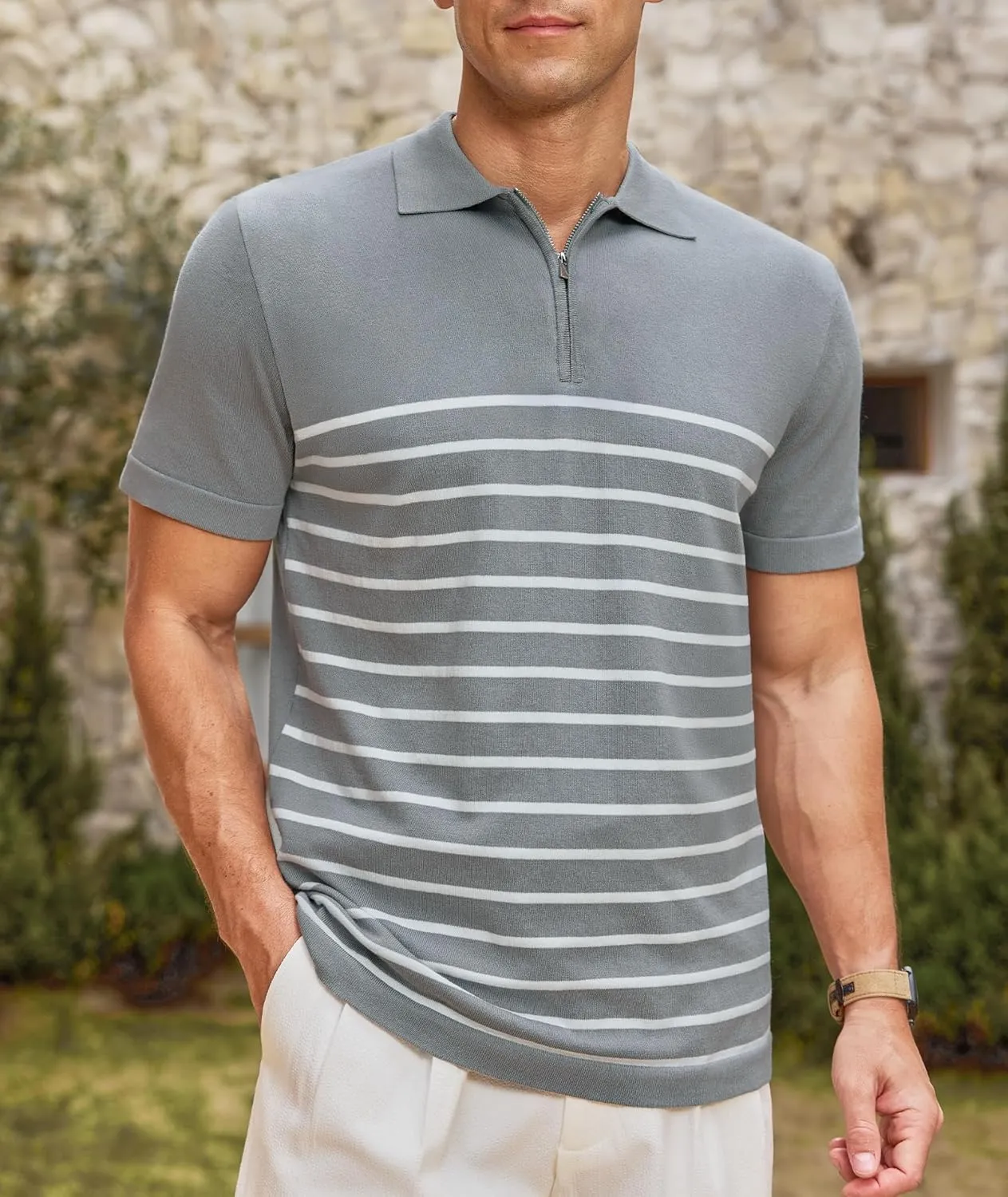 Men's Knit Polo Shirts Short Sleeve Striped Lightweight Classic Fit Zipper Casual Golf Collared T Shirt