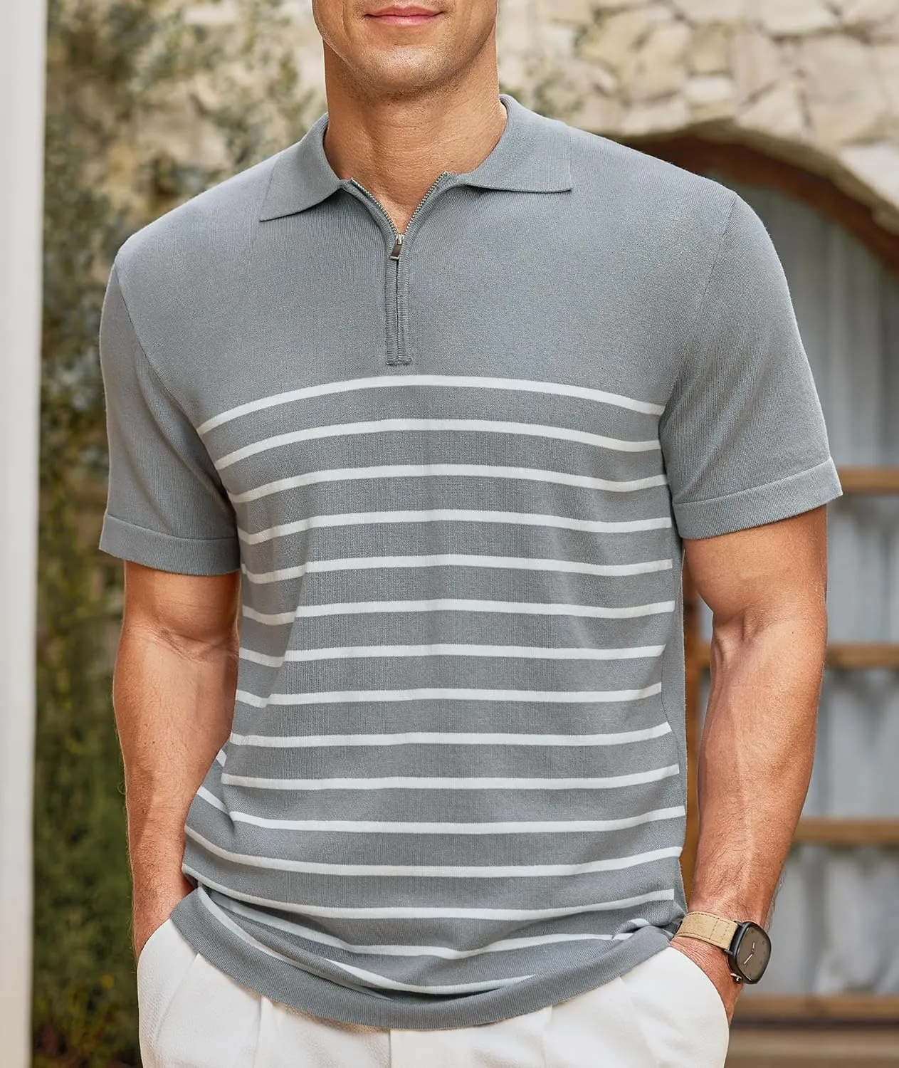 Men's Knit Polo Shirts Short Sleeve Striped Lightweight Classic Fit Zipper Casual Golf Collared T Shirt