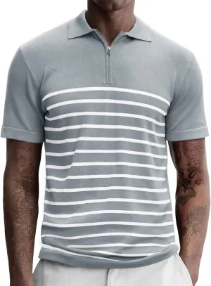 Men's Knit Polo Shirts Short Sleeve Striped Lightweight Classic Fit Zipper Casual Golf Collared T Shirt