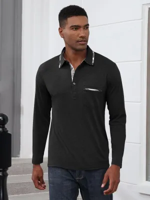Mens Long Sleeve Polo Shirts Casual Button Moisture Cotton Tees Stylish Tops Golf Shirts with Pocket