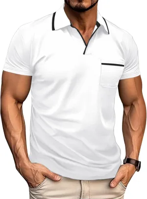 Men's Polo Shirt Short Sleeve V Neck Casual Classic Lightweight Tees Golf Cotton Stylish T-Shirt with Pocket