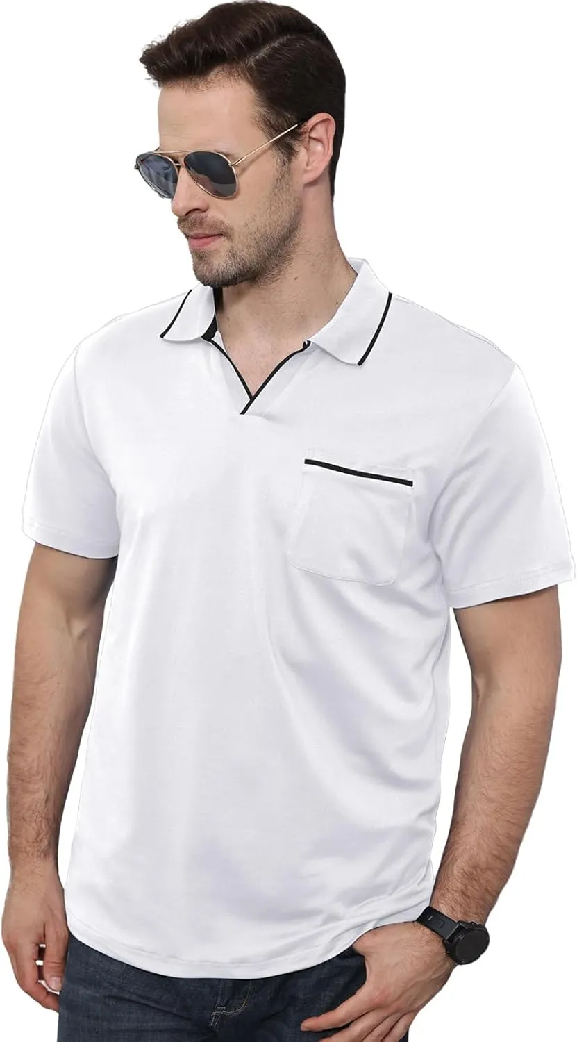 Men's Polo Shirt Short Sleeve V Neck Casual Classic Lightweight Tees Golf Cotton Stylish T-Shirt with Pocket