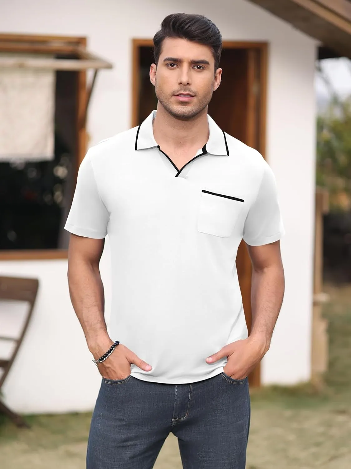 Men's Polo Shirt Short Sleeve V Neck Casual Classic Lightweight Tees Golf Cotton Stylish T-Shirt with Pocket