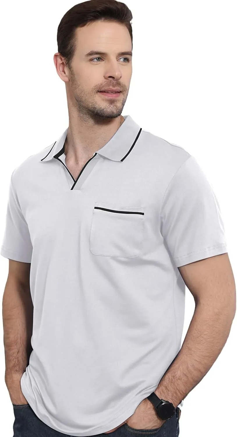 Men's Polo Shirt Short Sleeve V Neck Casual Classic Lightweight Tees Golf Cotton Stylish T-Shirt with Pocket