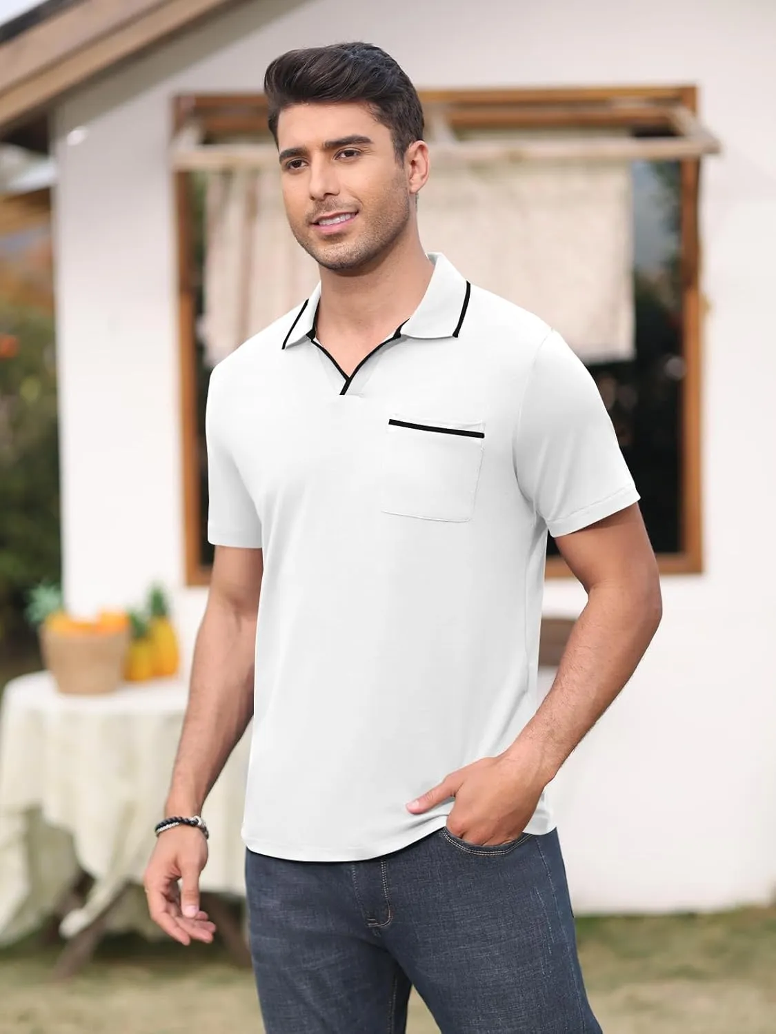 Men's Polo Shirt Short Sleeve V Neck Casual Classic Lightweight Tees Golf Cotton Stylish T-Shirt with Pocket