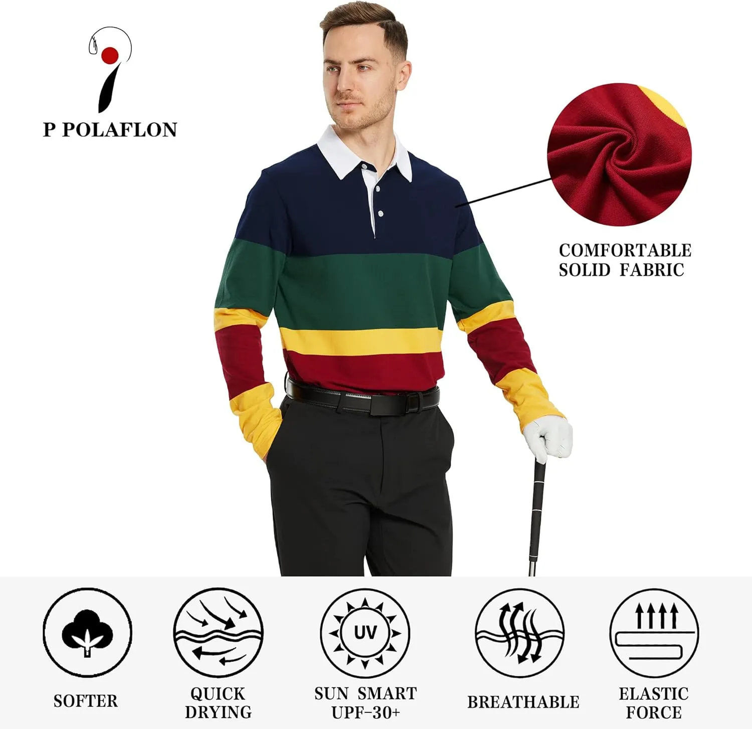 Men's Polo Shirts Long Sleeve Striped Dry Fit Casual Collared Pique Golf Polo Shirts for Mens
