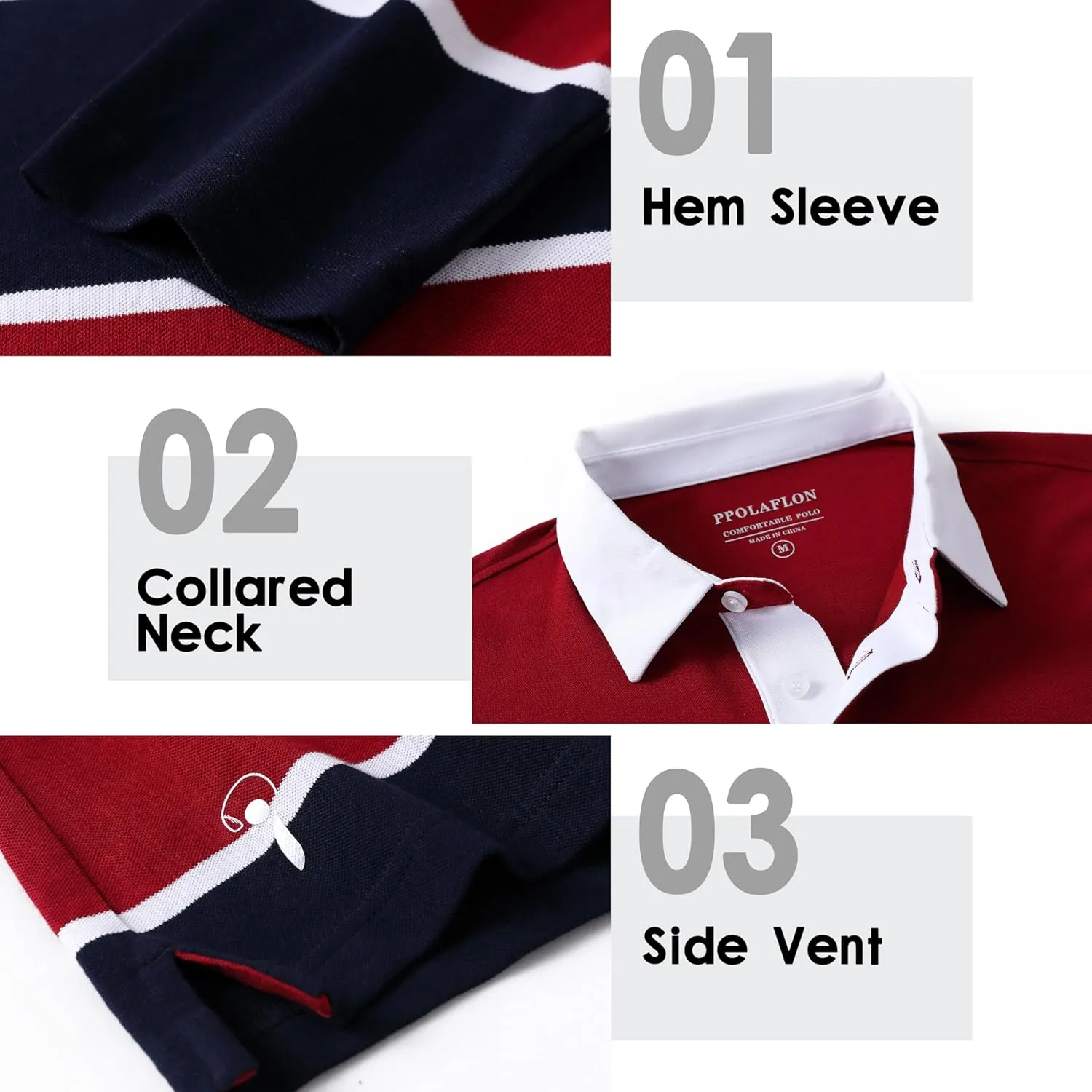 Men's Polo Shirts Long Sleeve Striped Dry Fit Casual Collared Pique Golf Polo Shirts for Mens