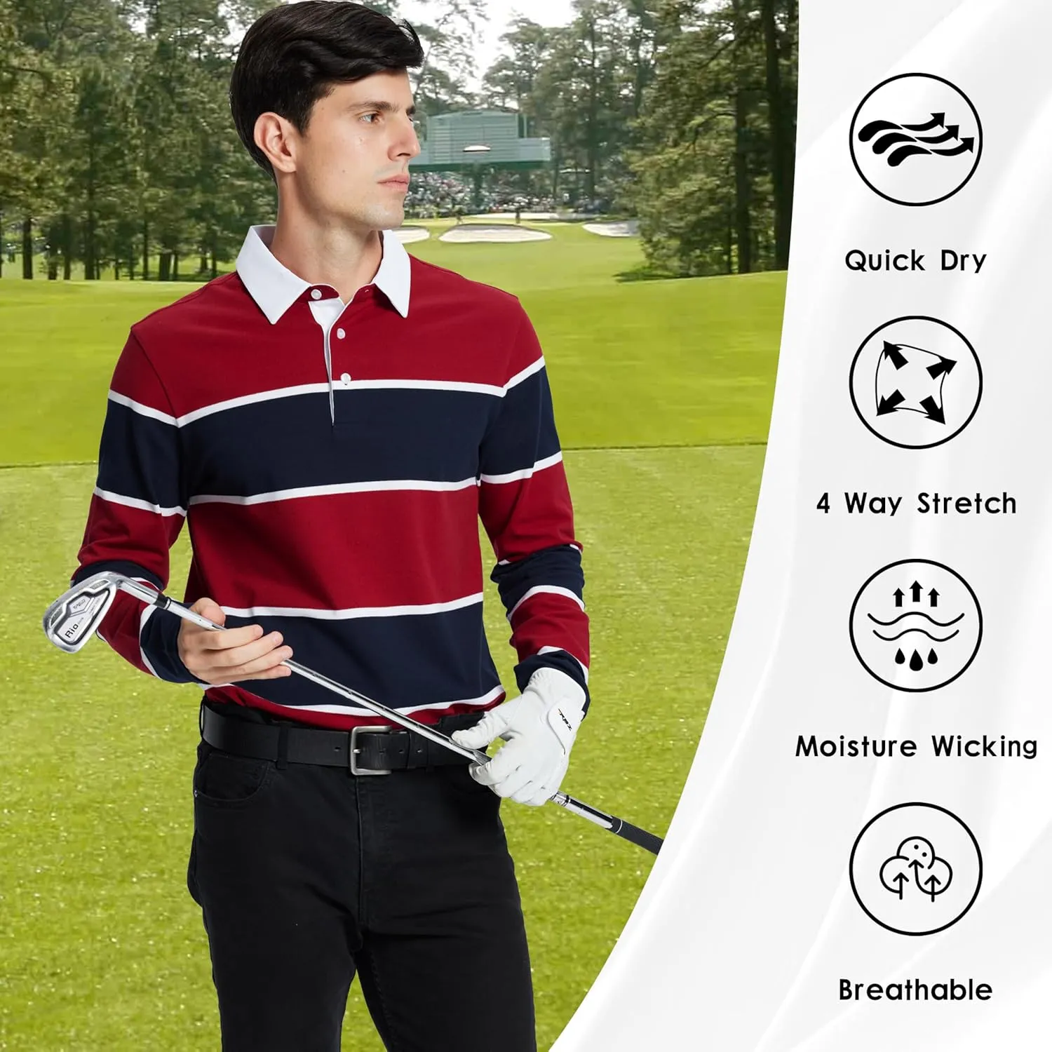 Men's Polo Shirts Long Sleeve Striped Dry Fit Casual Collared Pique Golf Polo Shirts for Mens