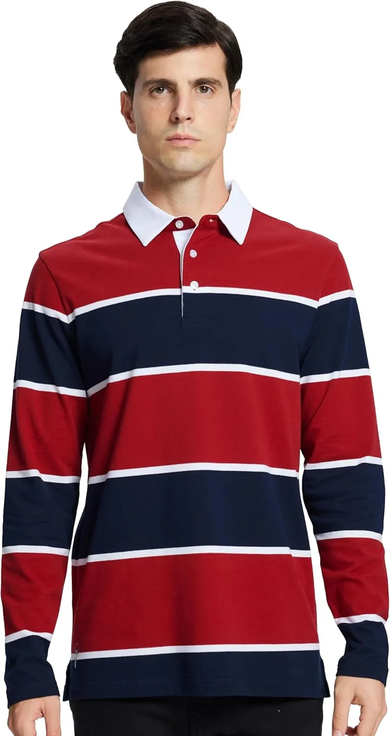 Men's Polo Shirts Long Sleeve Striped Dry Fit Casual Collared Pique Golf Polo Shirts for Mens