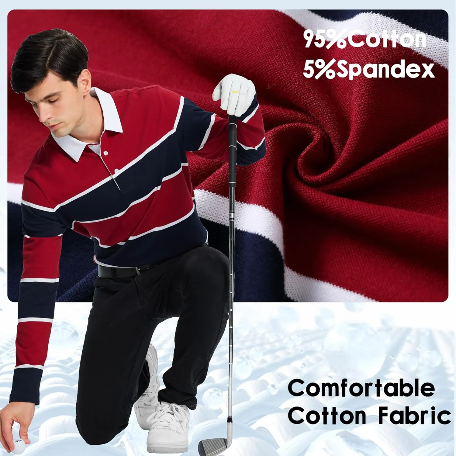 Men's Polo Shirts Long Sleeve Striped Dry Fit Casual Collared Pique Golf Polo Shirts for Mens