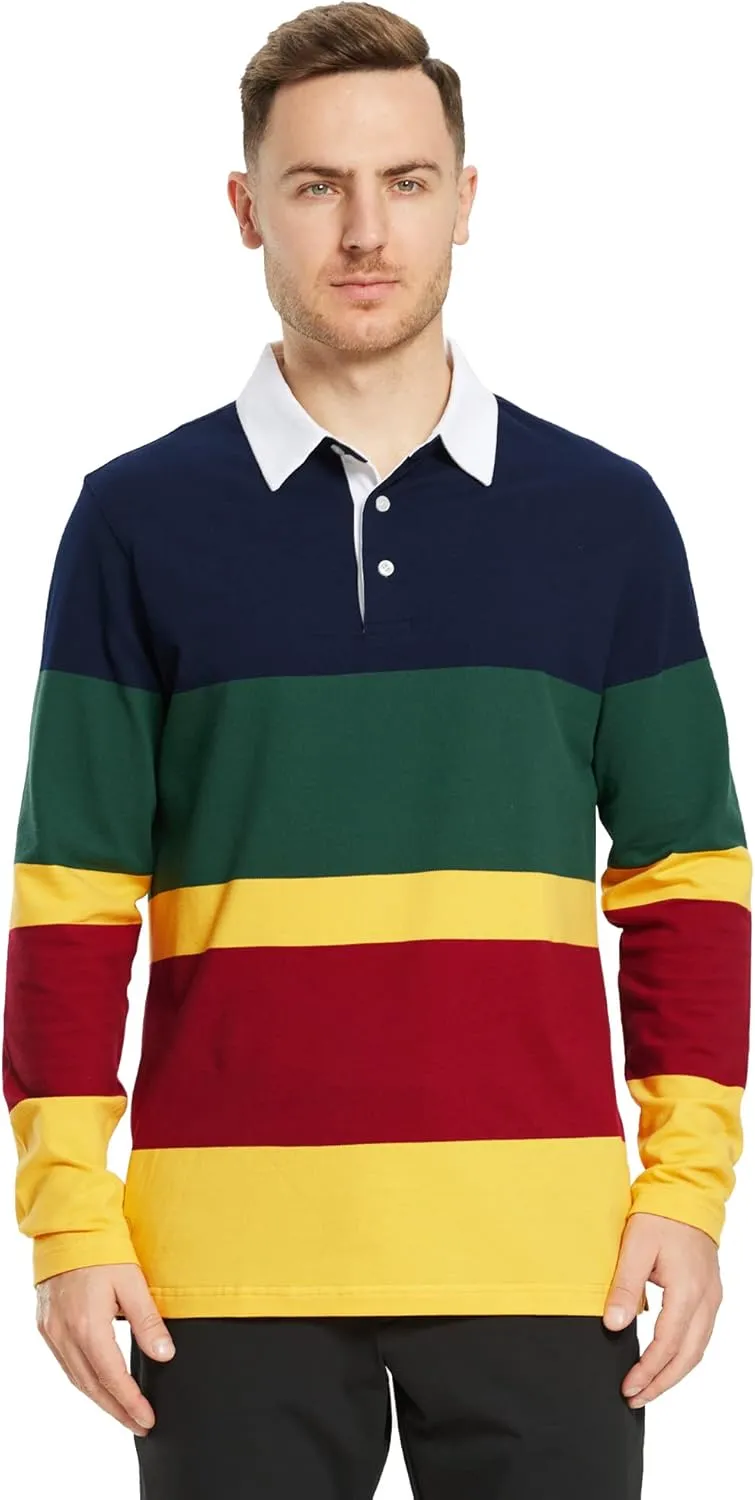 Men's Polo Shirts Long Sleeve Striped Dry Fit Casual Collared Pique Golf Polo Shirts for Mens
