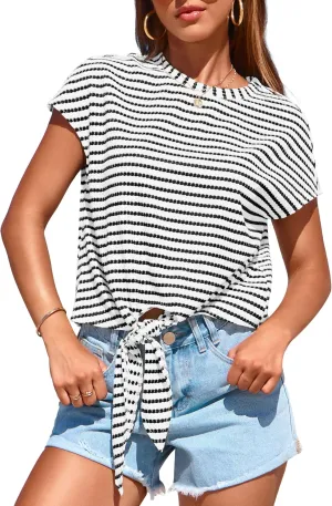 PRETTYGARDEN Womens Tops 2025 Cute Summer Cap Sleeve Crewneck Tie Knot Striped Shirts Casual Loose Blouses Knit Crop Top