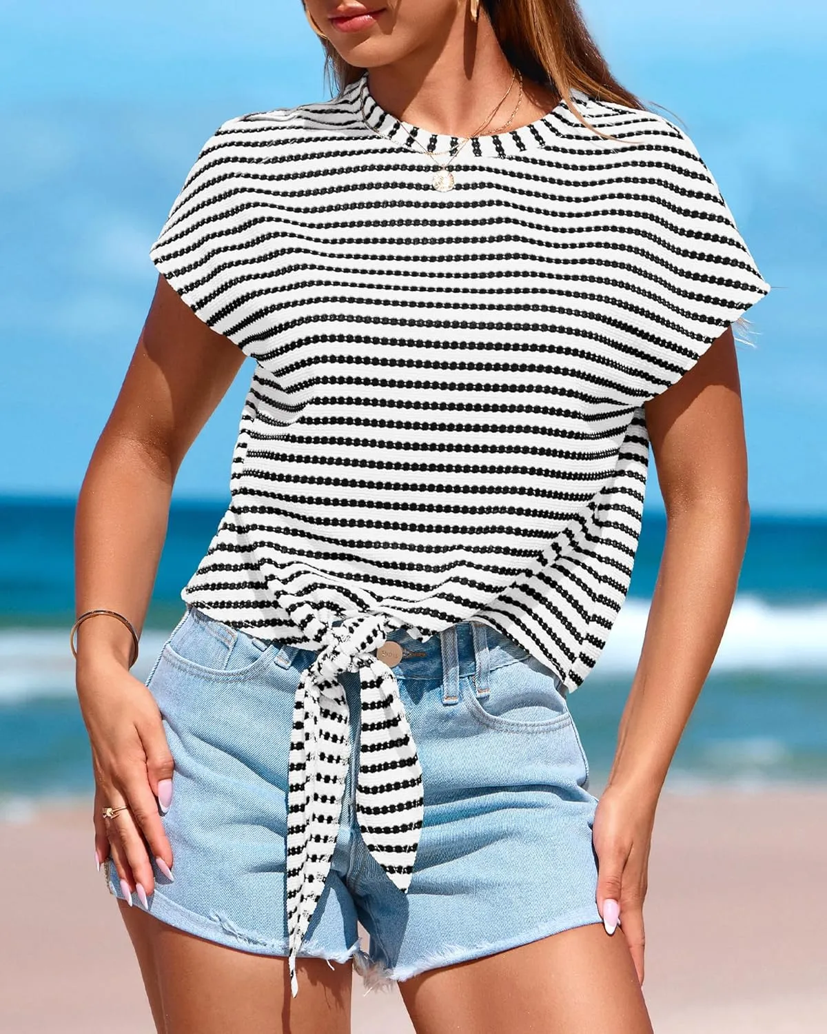 PRETTYGARDEN Womens Tops 2025 Cute Summer Cap Sleeve Crewneck Tie Knot Striped Shirts Casual Loose Blouses Knit Crop Top