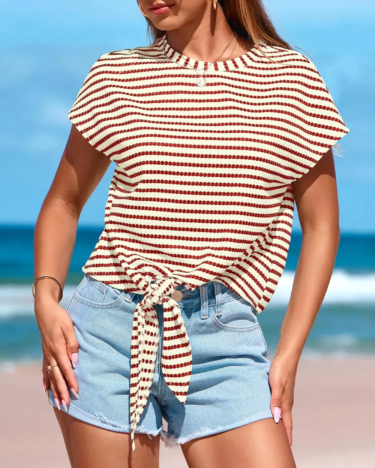 PRETTYGARDEN Womens Tops 2025 Cute Summer Cap Sleeve Crewneck Tie Knot Striped Shirts Casual Loose Blouses Knit Crop Top