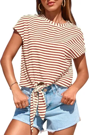 PRETTYGARDEN Womens Tops 2025 Cute Summer Cap Sleeve Crewneck Tie Knot Striped Shirts Casual Loose Blouses Knit Crop Top