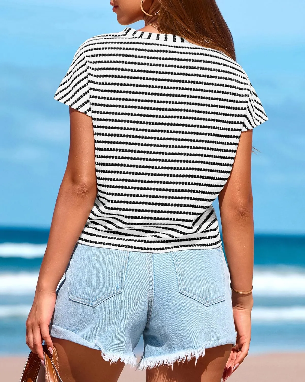 PRETTYGARDEN Womens Tops 2025 Cute Summer Cap Sleeve Crewneck Tie Knot Striped Shirts Casual Loose Blouses Knit Crop Top