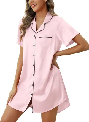 Samring Women's Satin Nightshirt Short/Long Sleeve Button Down Sleepshirt Silk Pajamas Sleep Shirt Nightgown for Women