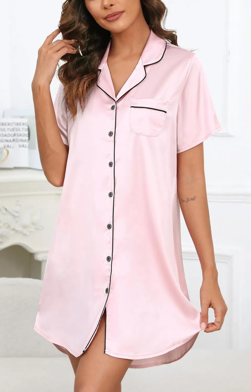 Samring Women's Satin Nightshirt Short/Long Sleeve Button Down Sleepshirt Silk Pajamas Sleep Shirt Nightgown for Women