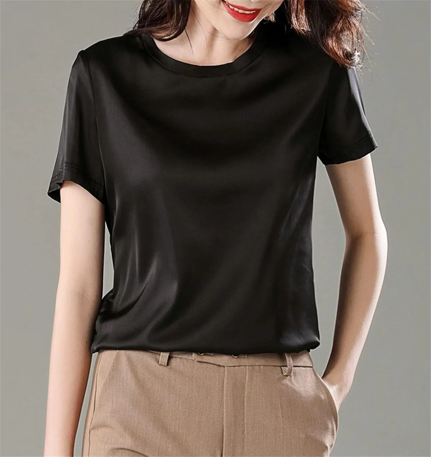 SANGTREE Women's Crew Neck Short Sleeve Satin Silk Blouse Tops