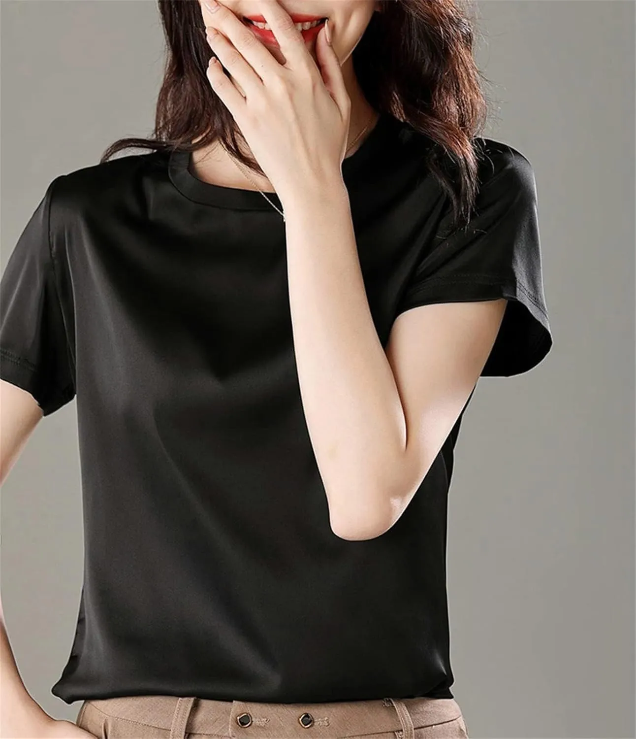 SANGTREE Women's Crew Neck Short Sleeve Satin Silk Blouse Tops