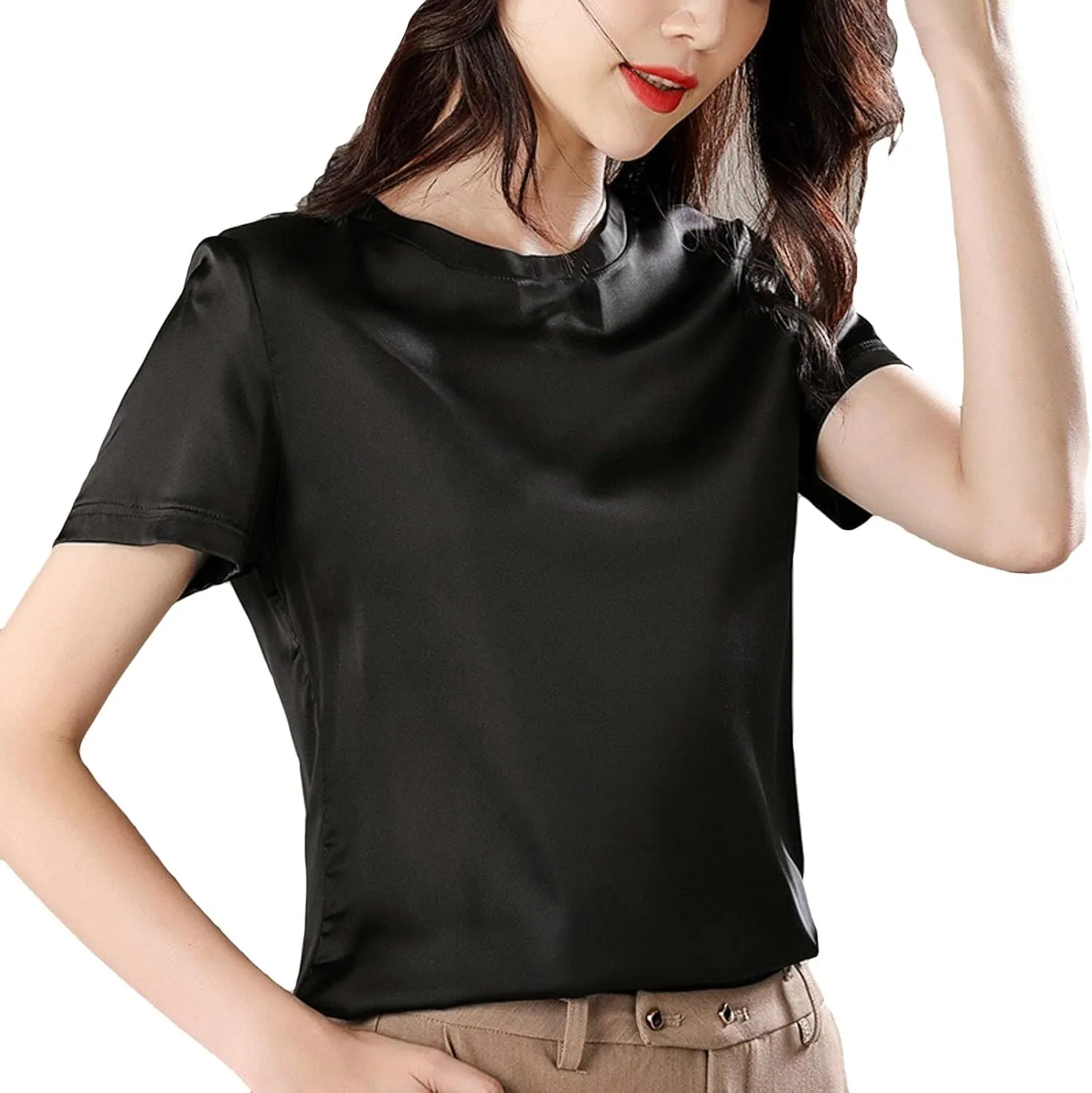 SANGTREE Women's Crew Neck Short Sleeve Satin Silk Blouse Tops