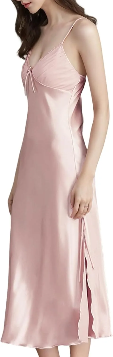 Satin Spaghetti Strap Bodycon Nightgowns, Suspenders Pajamas and Nightdresses, Sexy Long loungewear, Midi Length